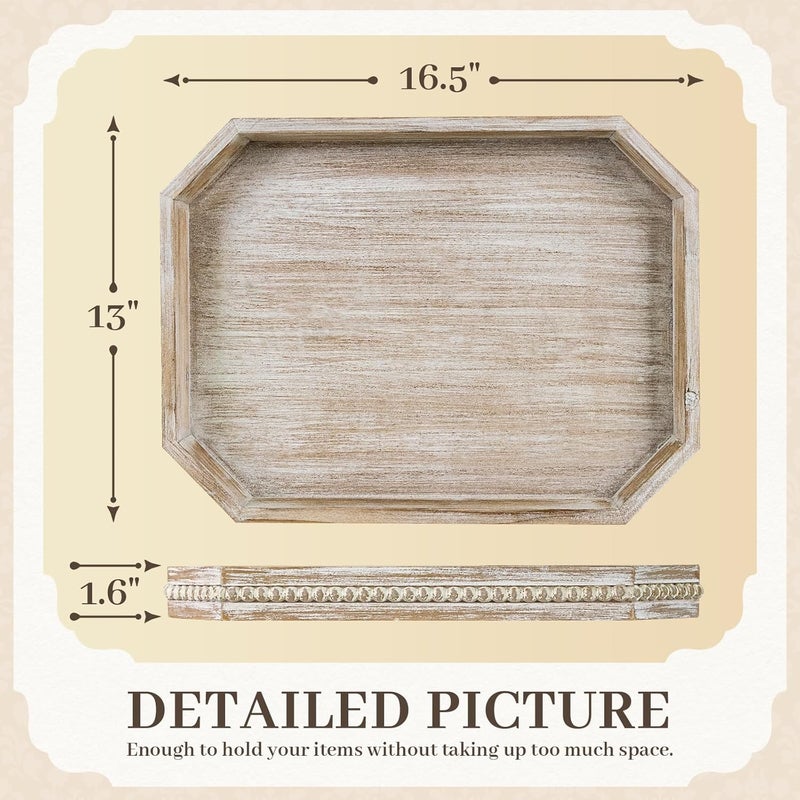 CEDARLUX Wooden Decorative Tray, Rustic Serving Tray with Wood Bead, Farmhouse Big Tray for Ottoman, Countertop, Coffee Tabl, 16.5" x 13"x 1.6" (White Washed) - Image 2